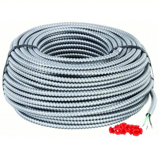 A 250 ft. coil of Go Build 12/3 solid CU BX/AC Cable with aluminum armor, bundled with black ties, and small red wire connectors nearby.
